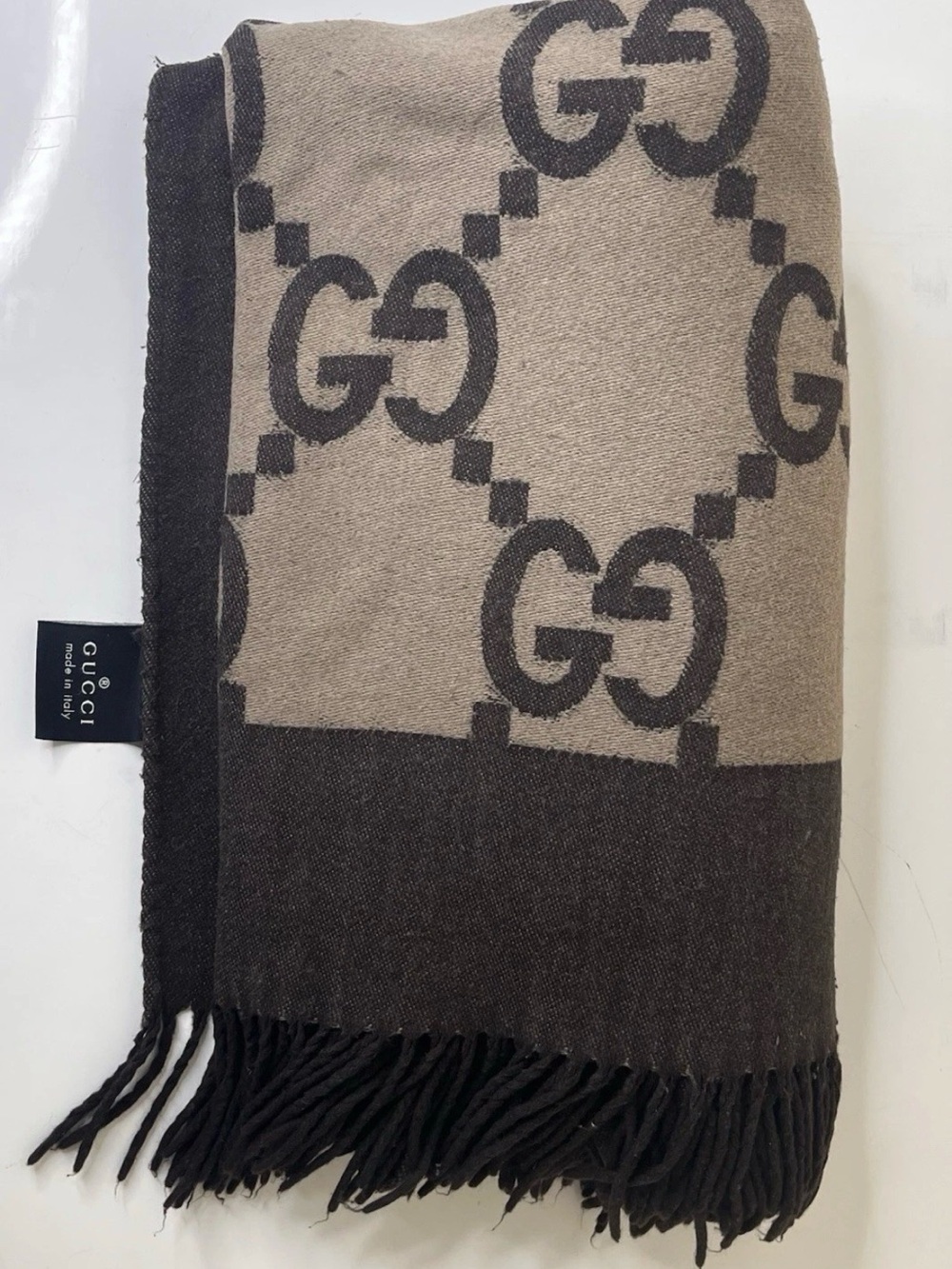 Gucci Monogram GG Logo Fringe Throw Blanket in Beige and Dark Brown 72”x58”